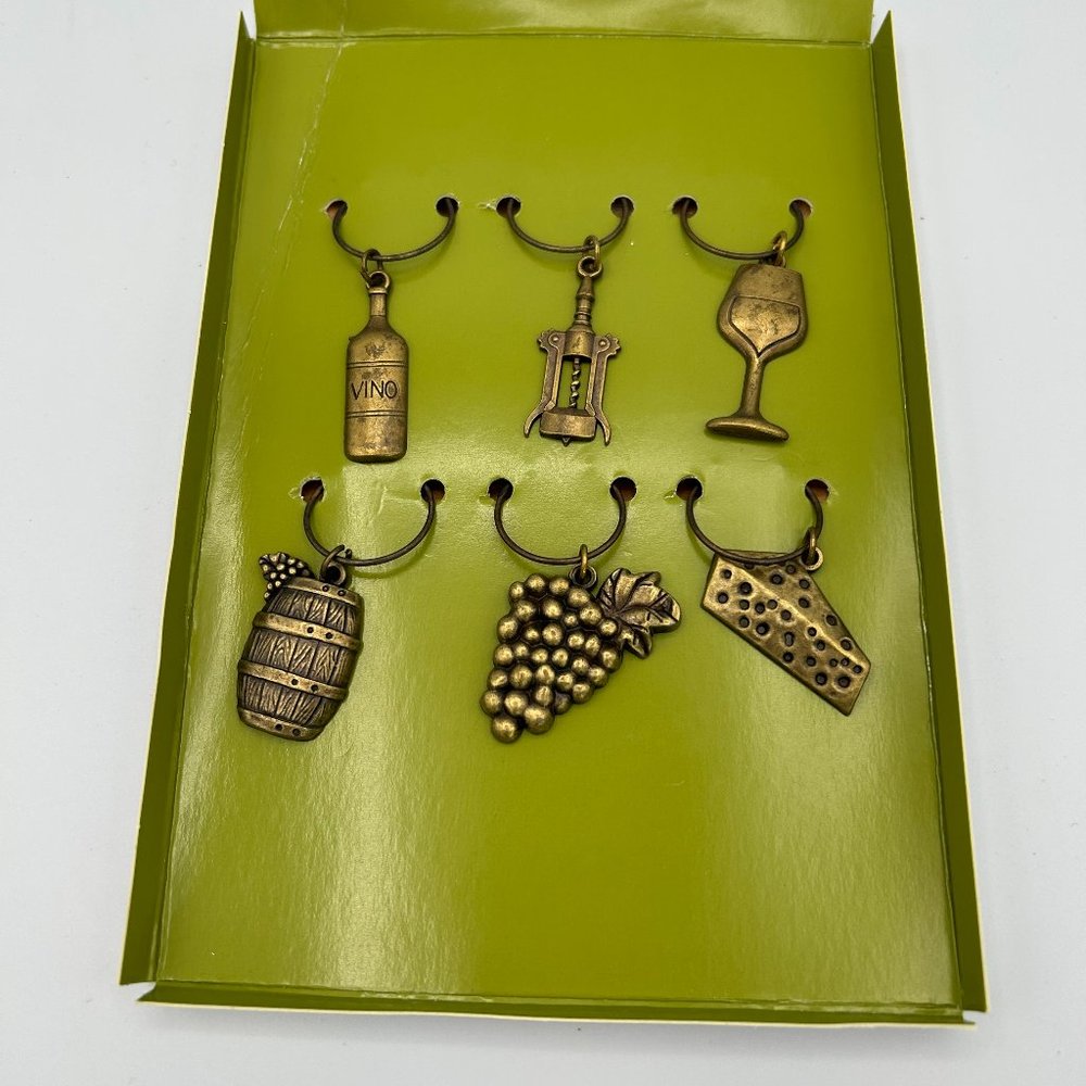 Dash of That Wine Charms Gold Plated Cheese Barrel Grapes Cork Bottle 6pc Set